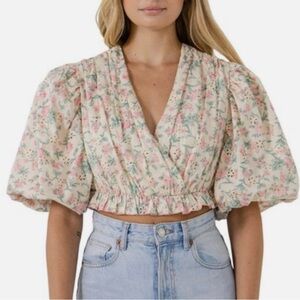 Free the Roses Floral Puff Sleeve Crop Top Cottagecore Blouse Women’s Large